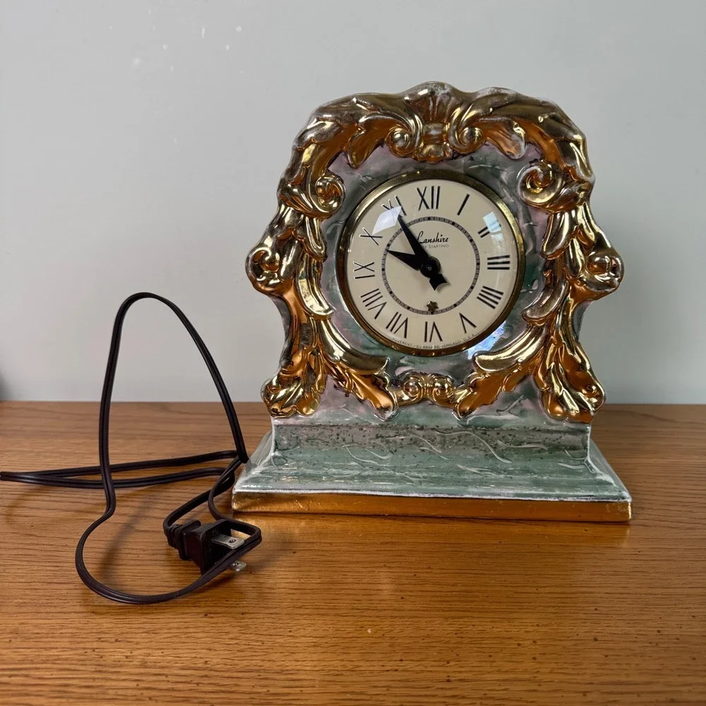 Lanshire Self Starting Mantle Clock Blue Marble‎ Gold Trim Ceramic